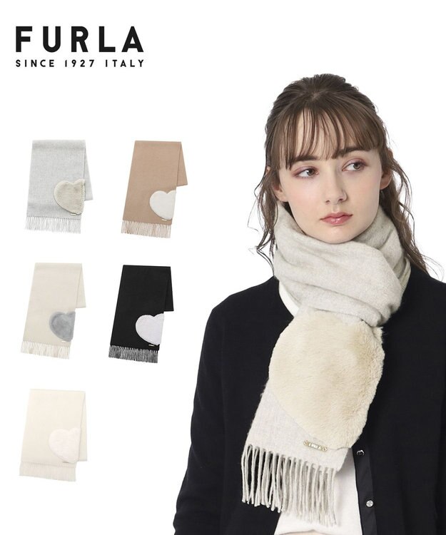 MOONBAT 【WEB限定】フルラ (FURLA)エコファー付きマフラー 無地×ハート　ウールマフラー ロゴプレート付き ライトグレー