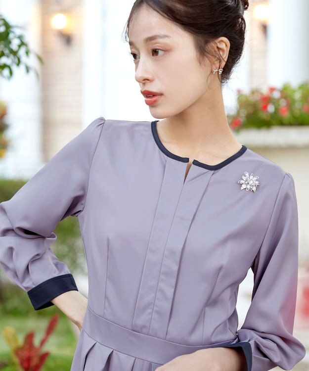 Tiaclasse L 【セレモニー・XSサイズ(5号)追加・新色追加・洗える】キーネックフレアワンピース サックス×ネイビー