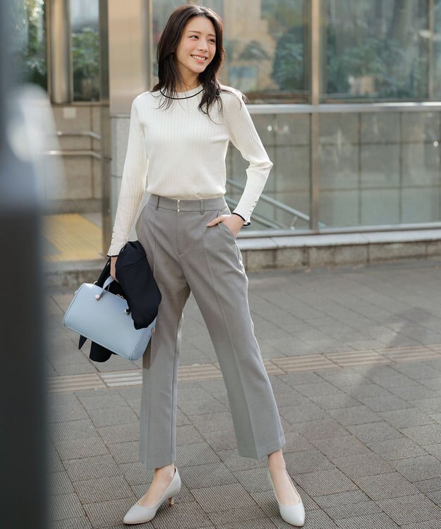 ANY SIS 褒めらレディストレッチ セミフレア テーパードパンツ グレーシャンブレー