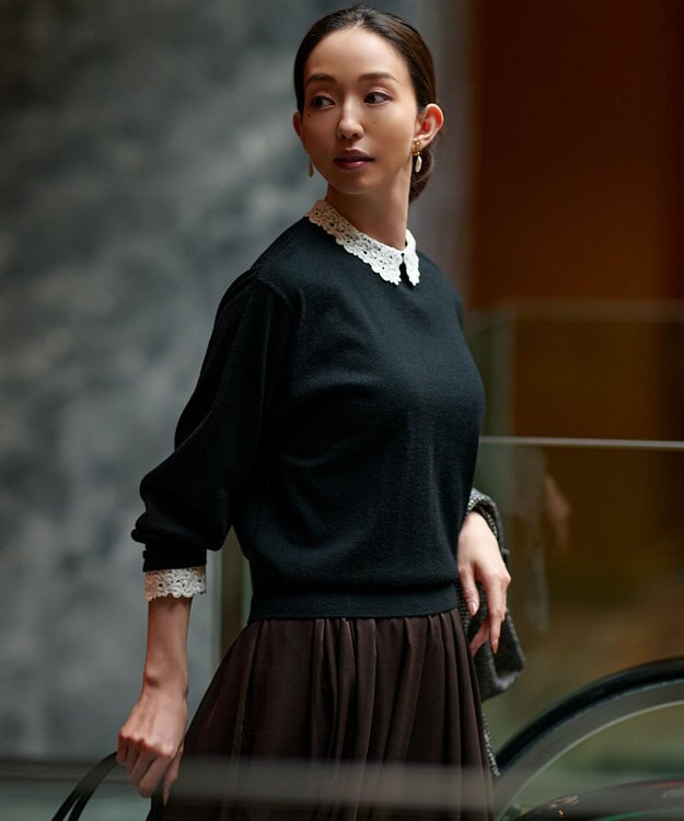 23区 【洗える】エンブロイダリー フラワーレースコンビ ニット ブラック系