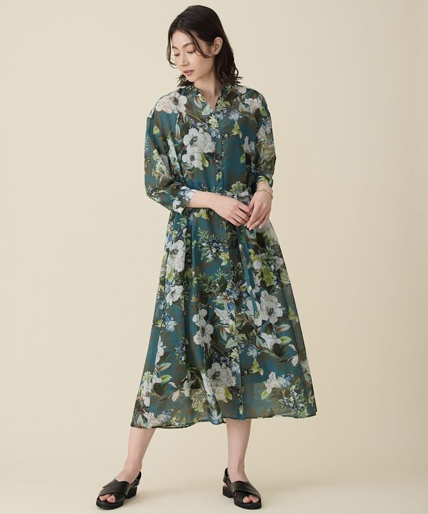 自由区 S ボタニカルプリント ワンピース ターコイズ系