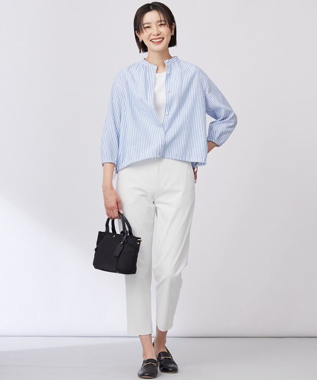 J.PRESS LADIES 【洗える・接触冷感・吸水速乾】麻STRIPE バンドカラー シャツ ブラウス サックスストライプ系