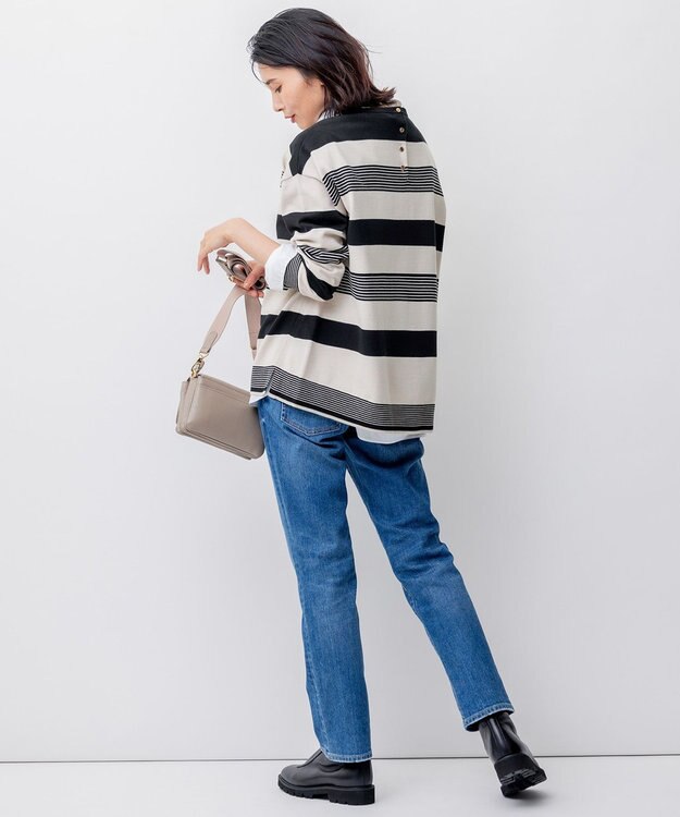 23区 L 【洗える】ウールコットンストレッチ オーバーサイズ ニット ブラック×ベージュボーダー