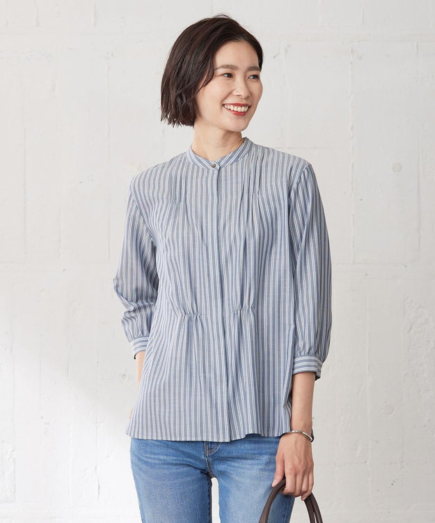 J.PRESS LADIES L 【洗える】ウォッシャブルキュプラツイル バンドカラー ブラウス ネイビー系1