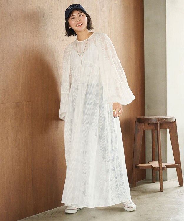 #Newans シアーチェックボリュームワンピース ホワイト