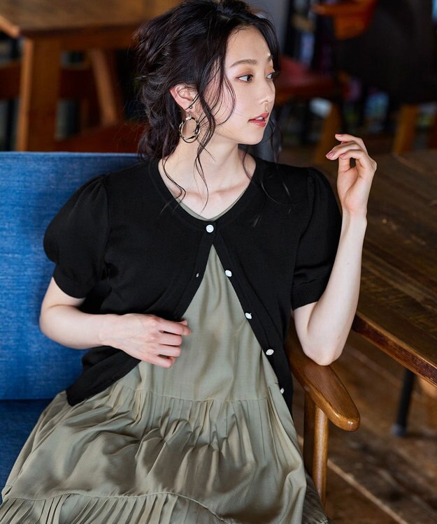 Tiaclasse L 【洗える】ひんやり心地良いパフ袖ニットカーディガン ブラック