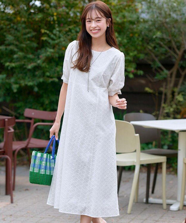 Tiaclasse L 【洗える】パンチングレースAラインワンピース オフホワイト