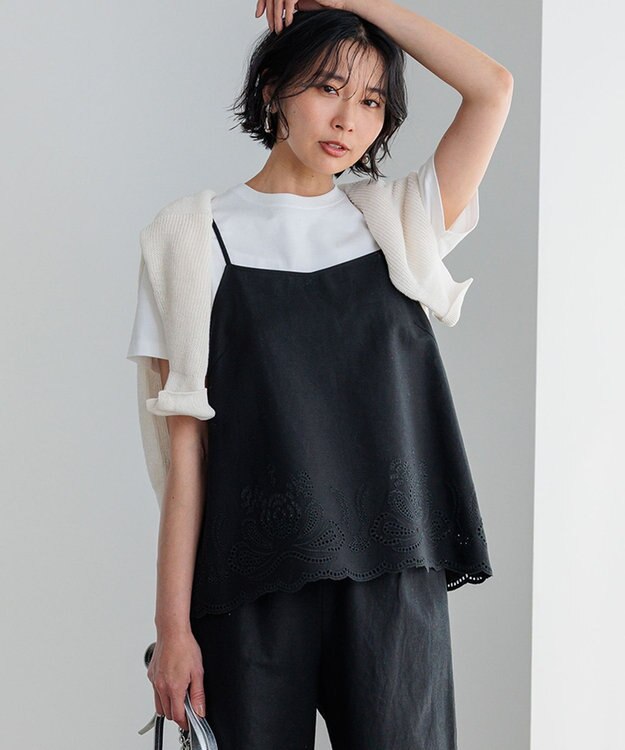 23区 L 【洗える】リネンエンブロイダリー キャミソール ブラウス ブラック系