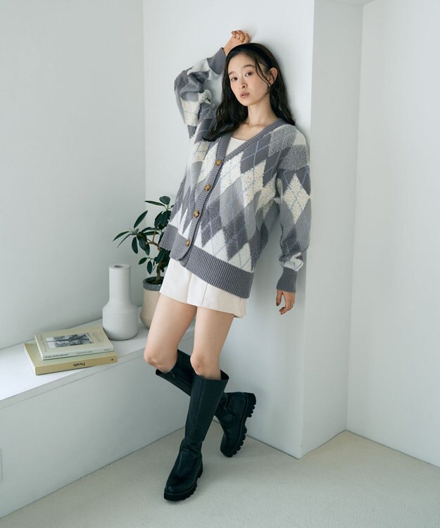 earth music&ecology ループ編みアーガイルカーディガン Gray