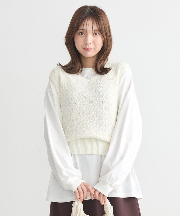 earth music&ecology ラメジャガードニットベスト Ivory