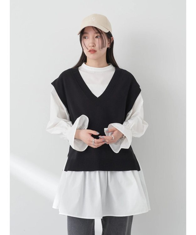 earth music&ecology ＳＥＴ２点Ｖネックベスト＋スタンドカラーチュニック Ivory