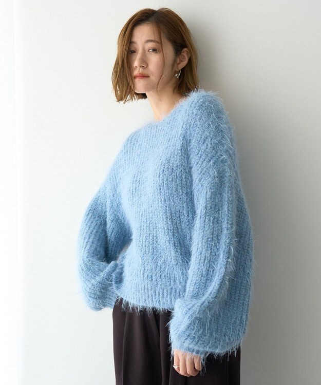 YECCA VECCA ラメシャギーボートネックニット Blue