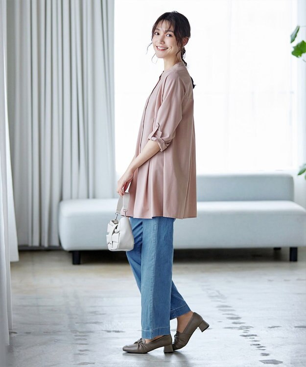 Tiaclasse 【洗える】-TiaBASIC-バンドカラーシャツチュニックブラウス ピンク