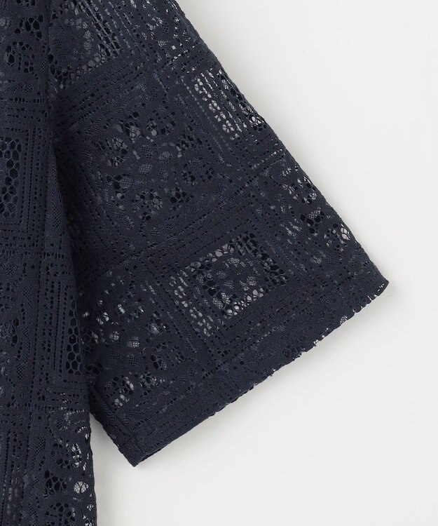 J.PRESS LADIES 【洗える】モザイクレース ハーフスリーブ ブラウス ネイビー系