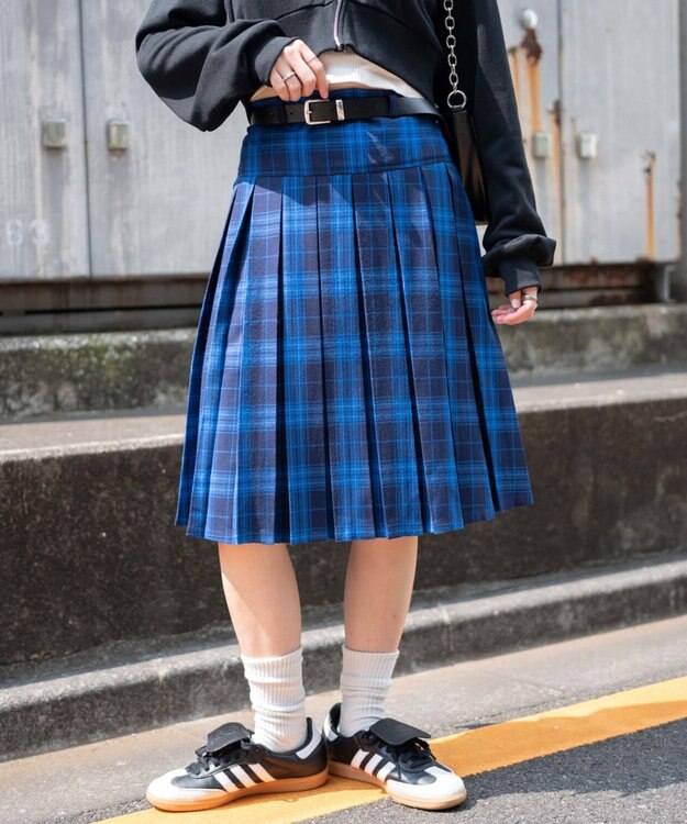 WEGO ベルト付プリーツミドルスカート ブルーチェック1