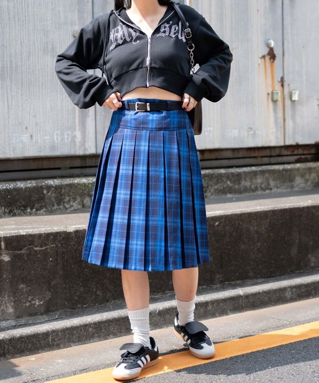 WEGO ベルト付プリーツミドルスカート ブルーチェック1