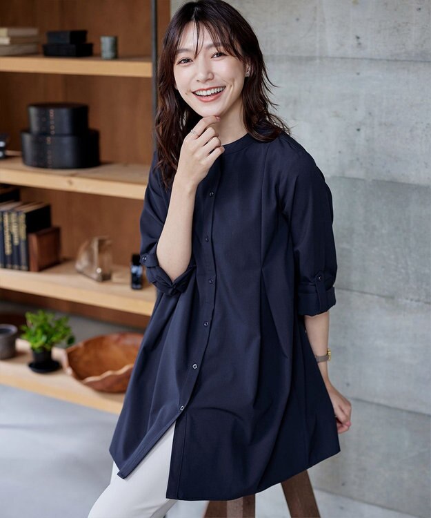 Tiaclasse 【洗える】-TiaBASIC-バンドカラーシャツチュニックブラウス ネイビー