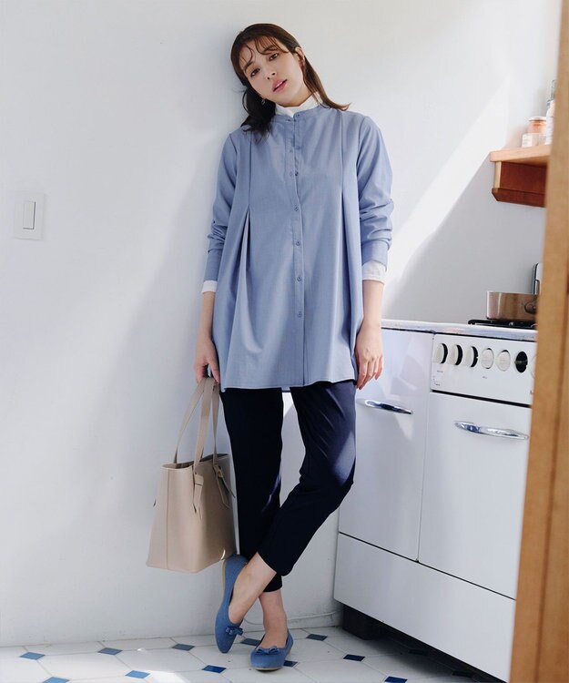 Tiaclasse 【洗える】-TiaBASIC-バンドカラーシャツチュニックブラウス ブルー