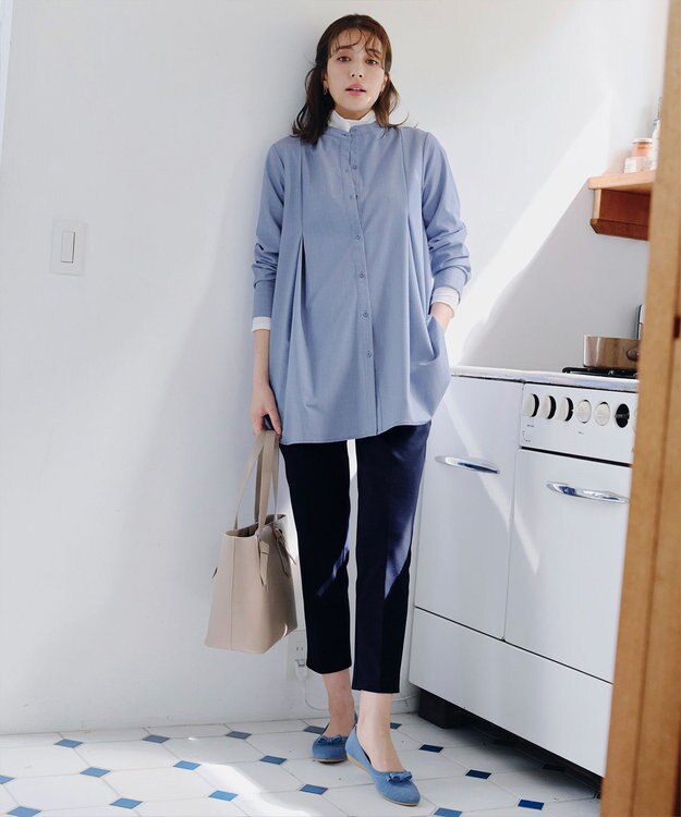 Tiaclasse 【洗える】-TiaBASIC-バンドカラーシャツチュニックブラウス ブルー