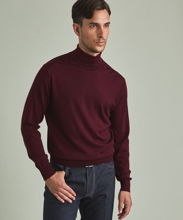 GOTAIRIKU 【家庭洗濯可能】イタリア糸 ハイゲージ タートルニット レッド系