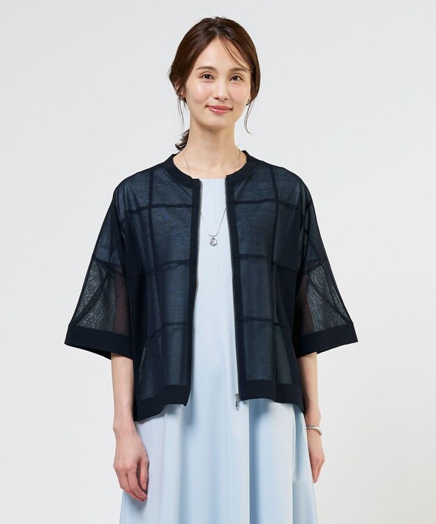 J.PRESS LADIES SHEER LIGHT KNIT ブルゾン ネイビーチェック