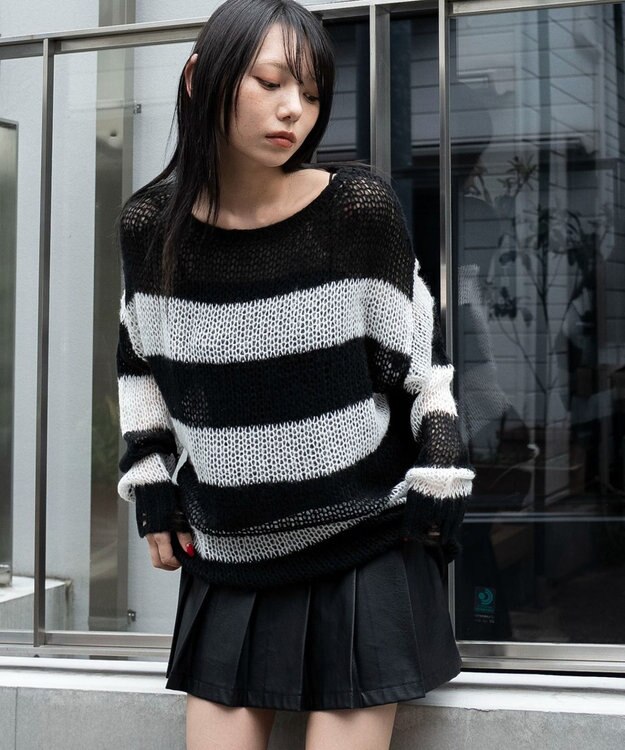 WEGO モヘアタッチボーダーBIGニット ホワイトボーダー