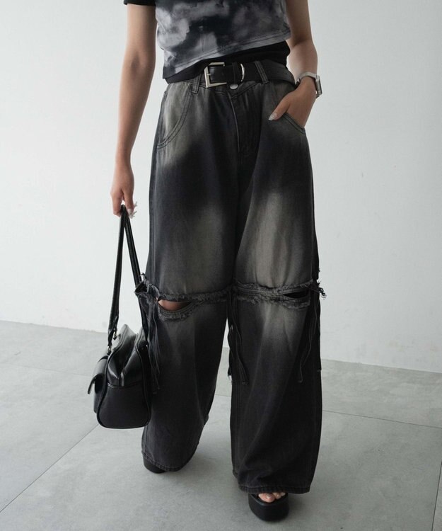 WEGO スリットダメージルーズデニム ブラック