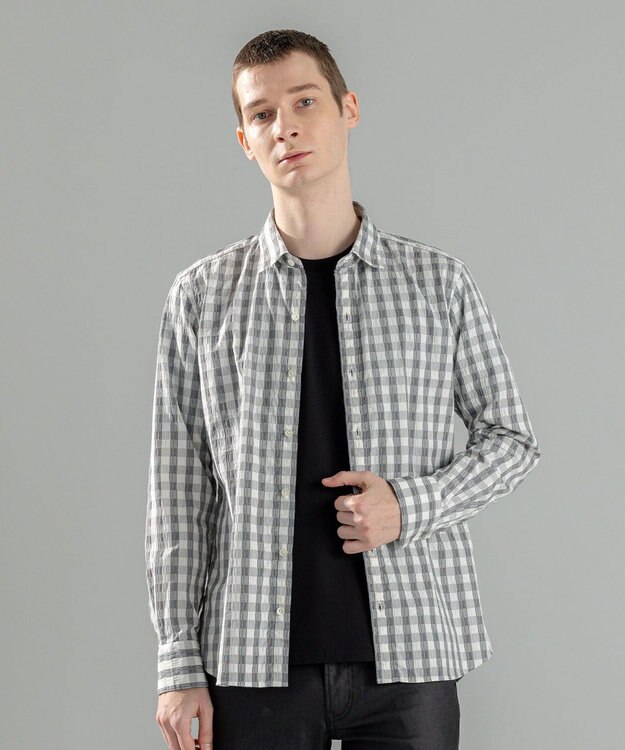 JOSEPH HOMME 新柄【オリジナル素材】ギンガムシャンブレーストレッチ　レギュラーカラーシャツ ライトグレー系