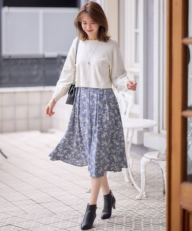 ANY SIS 【美人百花10月号掲載】ドルマンニット×プリントワンピース セット スモーキーブルー系×アイボリーニット