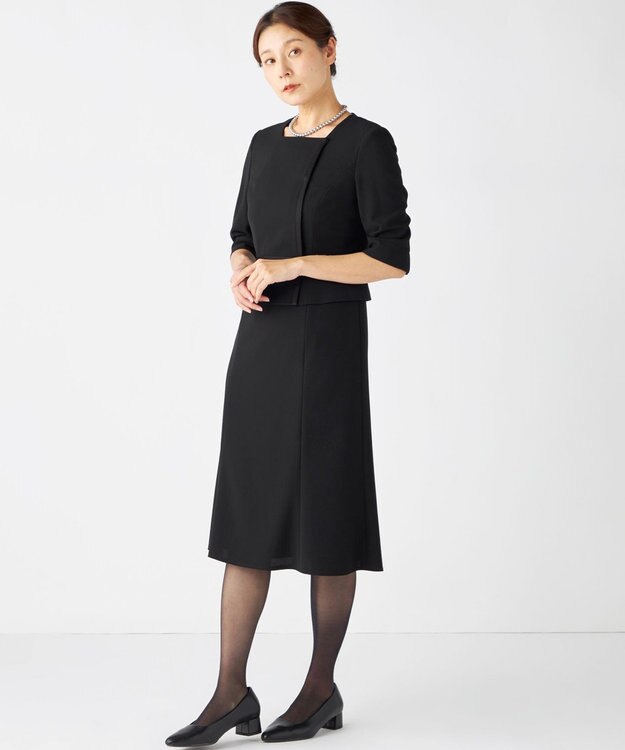 自由区 FORMAL 【ウォッシャブル対応】ドビーボーダーリボン ジャケット+ワンピース ブラック系