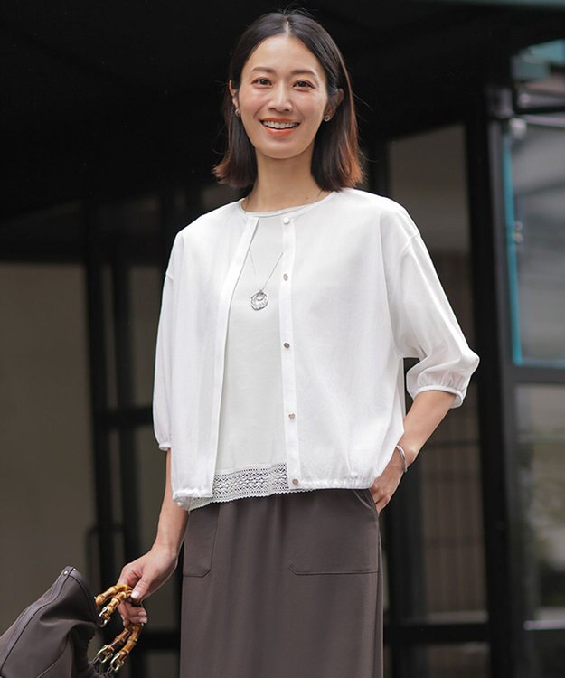 J.PRESS LADIES L 【冷房対策に】シアードライトリコット クルーネック カーディガン ホワイト系
