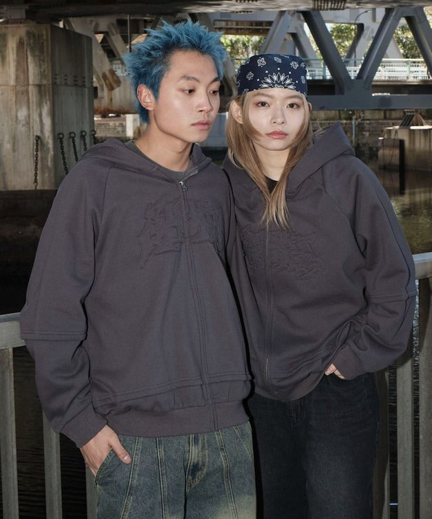 WEGO 【ユニセックス着用ITEM】ダメージアップリケレイヤードZIPパーカー