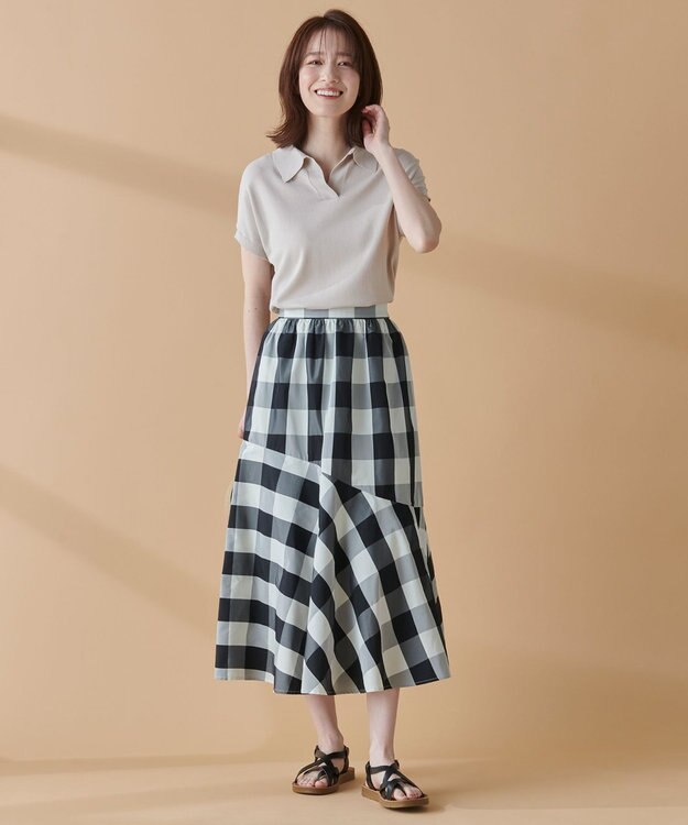 ANY L 【洗濯機可能/ウエストゴム】ビックチェックマーメイドスカート オフ×ブラックブロックチェック
