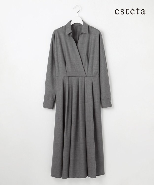 23区 L 【エステータ】ウールトロドライストレッチ カシュクールシャツ ワンピース グレー系