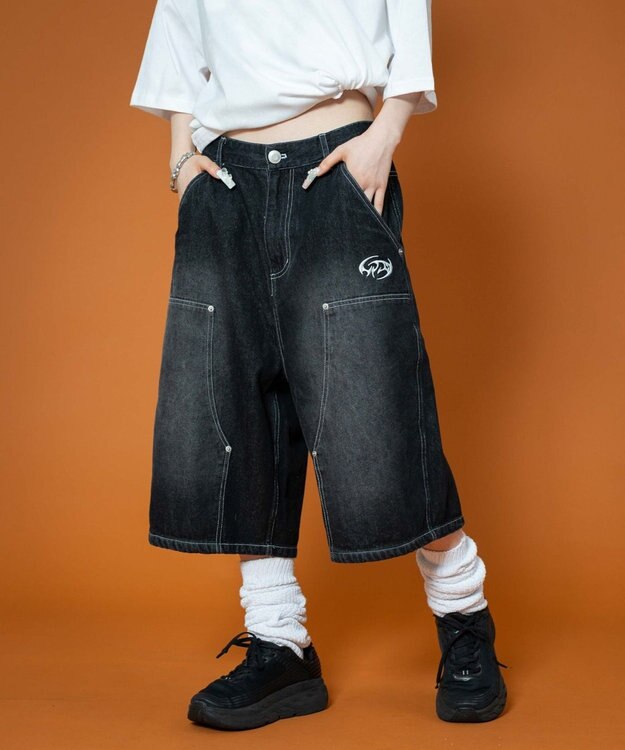 WEGO 【ユニセックス着用ITEM】ダブルニーロゴデニムショーツ デニムブラック