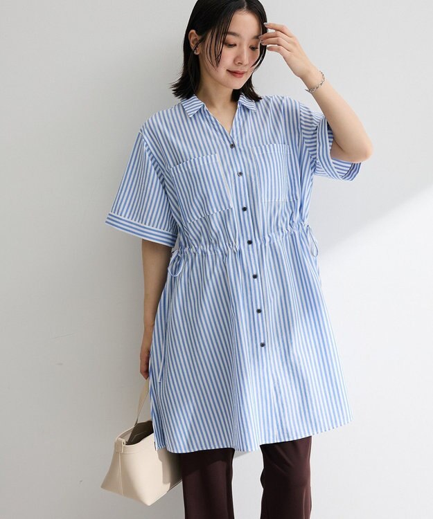 Green Parks ウエストリボンミディ丈ワンピース Stripe Blue