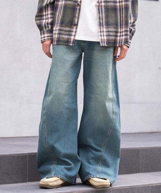 WEGO 【ウエスト調整可/SMLサイズ展開】ローライズカバーフィットフレアデニムパンツ デニム中濃加工色