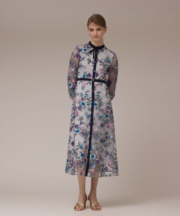 GRACE CONTINENTAL マルチ刺繍フレアワンピース グレー