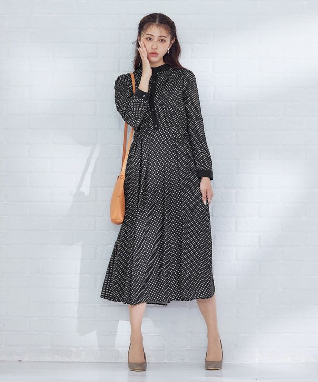 Tiaclasse 【新色追加・洗える】配色バンドカラー幾何学柄ワンピース ブラック