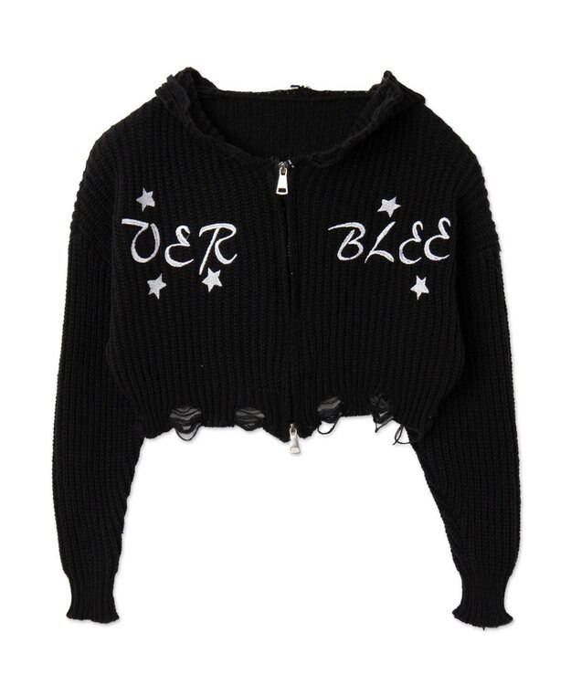 WEGO 刺繍ダメージニットWZIPパーカー ブラック