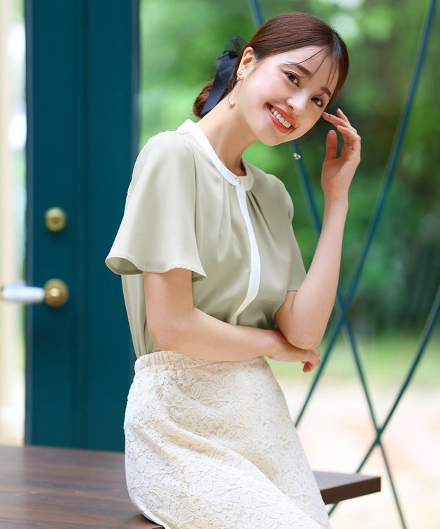 Tiaclasse 【新色追加・洗える】フロントタック配色ブラウス ミント×オフ