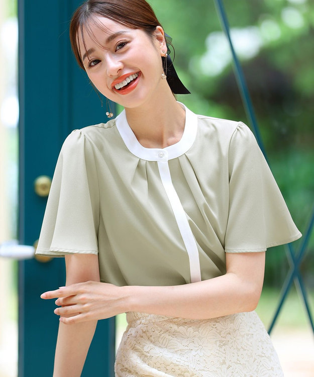 Tiaclasse 【新色追加・洗える】フロントタック配色ブラウス ミント×オフ