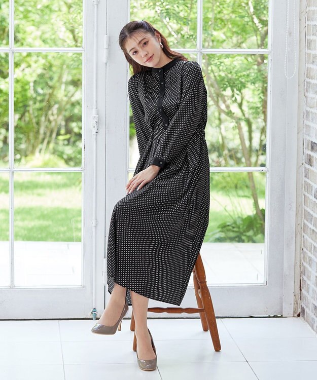 Tiaclasse 【新色追加・洗える】配色バンドカラー幾何学柄ワンピース ブラック