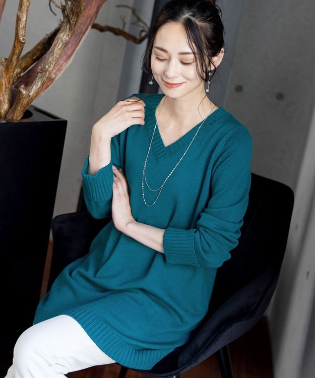 Tiaclasse L 【洗える】Vネックリブニットチュニック ターコイズ