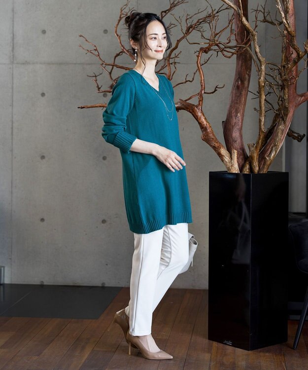 Tiaclasse L 【洗える】Vネックリブニットチュニック ターコイズ