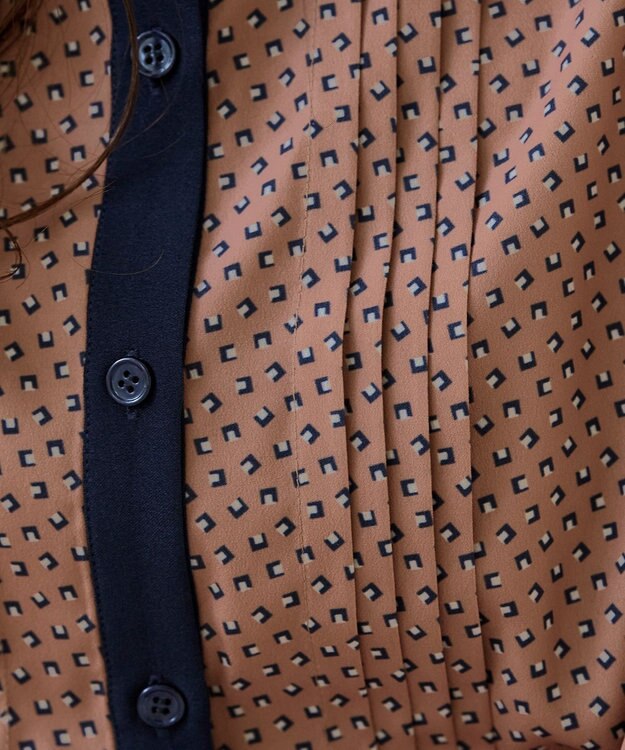 Tiaclasse 【新色追加・洗える】配色バンドカラー幾何学柄ワンピース オレンジ