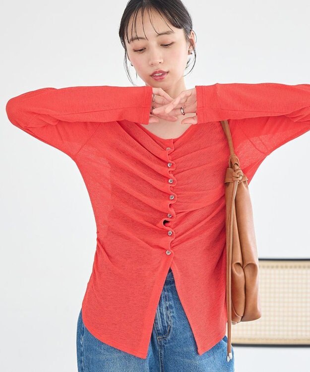 earth music&ecology シアーワッフルタックボタントップス レッド