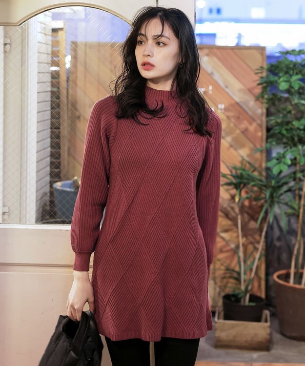 Tiaclasse 【洗える】ダイヤ地柄ニットチュニック ピンク