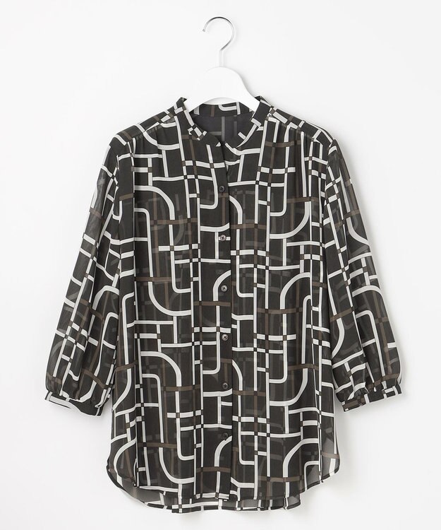 自由区 ジオメトリックレトロプリント ブラウス グレーベース