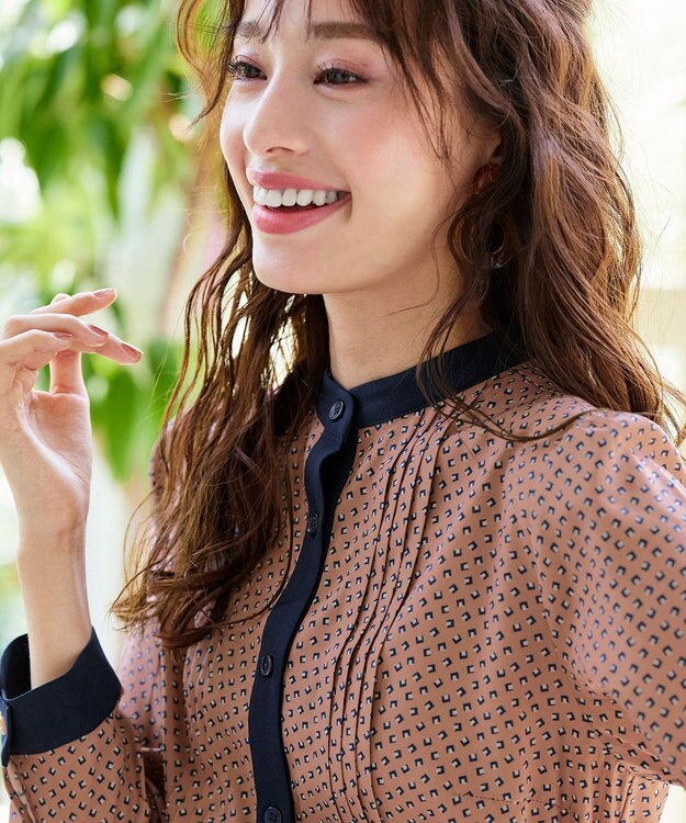 Tiaclasse 【新色追加・洗える】配色バンドカラー幾何学柄ワンピース オレンジ